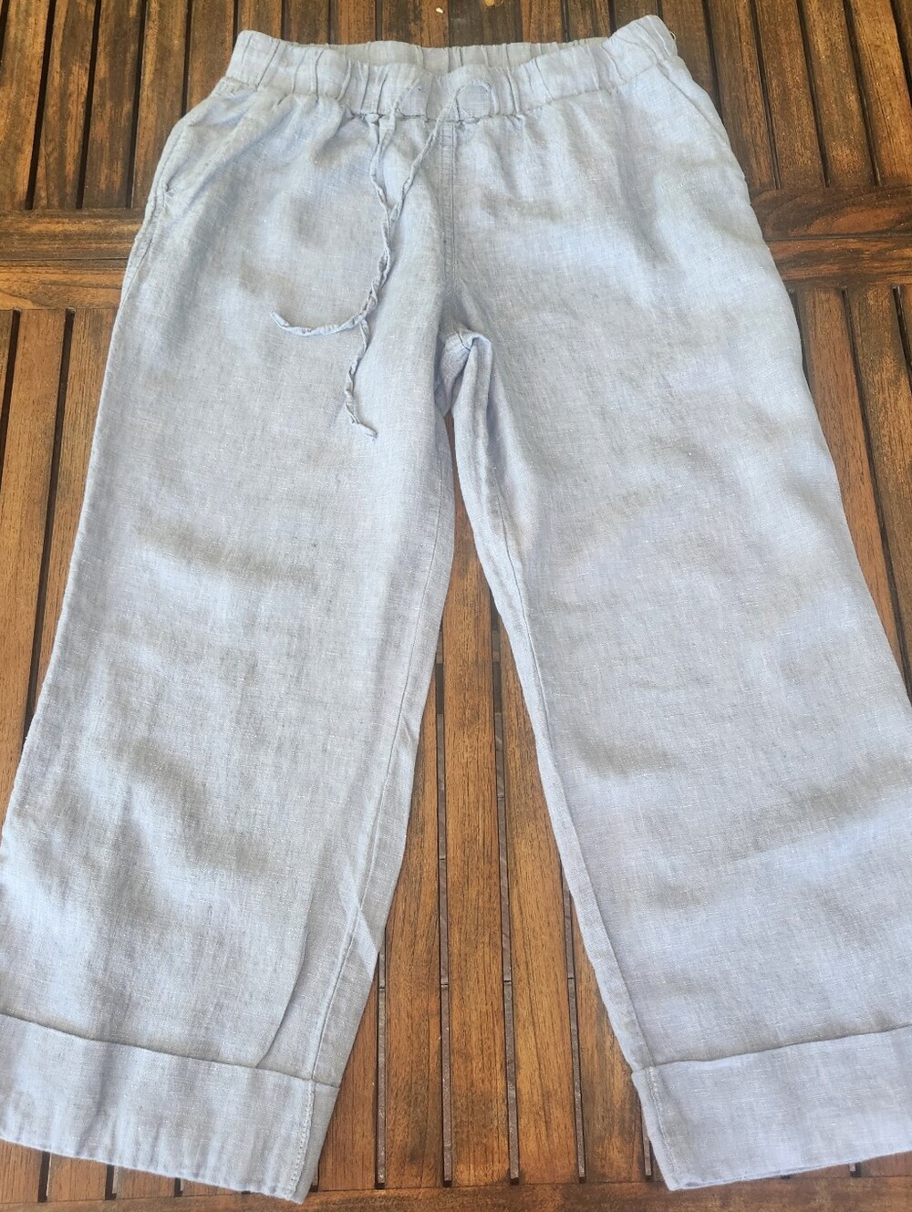 Women's Style & Co. Linen Wide Leg Ankle Length Drawstring Waist Size Large Blue